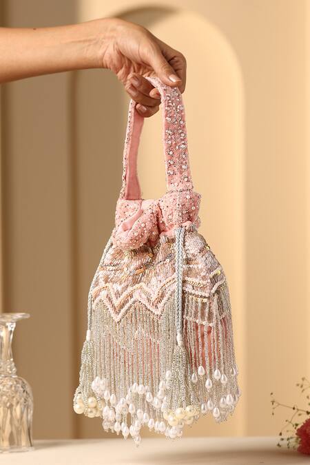 Shop Swabhimann Pink Embroidery, Beads Nalki Potli Bag at Aza Fashions Shop_Swabhimann_Pink Embroidery, Beads Nalki Potli Bag_at_Aza_Fashions