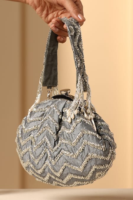 Shop Swabhimann Grey Cut Work, Pearls Chevron Nalki Embellished Clutch Bag at Aza Fashions Shop_Swabhimann_Grey Cut Work, Pearls Chevron Nalki Embellished Clutch Bag _at_Aza_Fashions