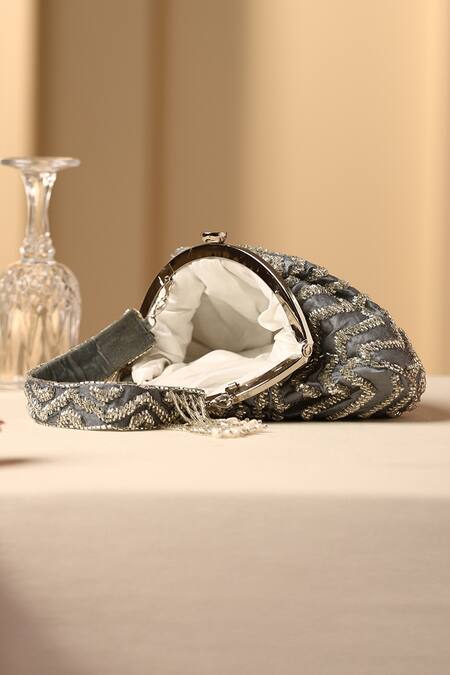 Swabhimann Grey Cut Work, Pearls Chevron Nalki Embellished Clutch Bag Online at Aza Fashions Swabhimann_Grey Cut Work, Pearls Chevron Nalki Embellished Clutch Bag _Online_at_Aza_Fashions