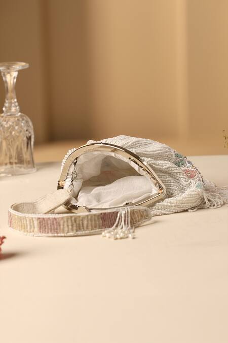 Swabhimann_White Pearls Fleur Embellished Clutch Bag _Online_at_Aza_Fashions