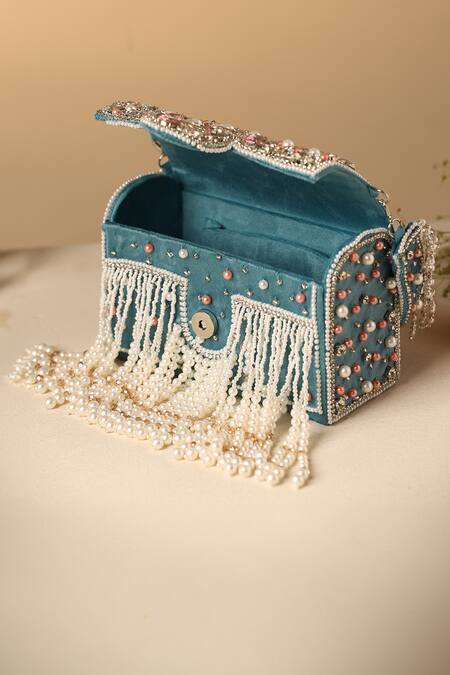 Swabhimann_Blue Pearls, Crystals Bahara And Embroidered Handbag_Online_at_Aza_Fashions