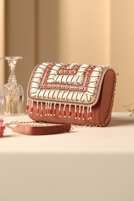 Shop Swabhimann Pink Pearls, Beads, Stones Boho Cowrie Shell And Embellished Handbag at Aza Fashions Shop_Swabhimann_Pink Pearls, Beads, Stones Boho Cowrie Shell And Embellished Handbag _at_Aza_Fashions
