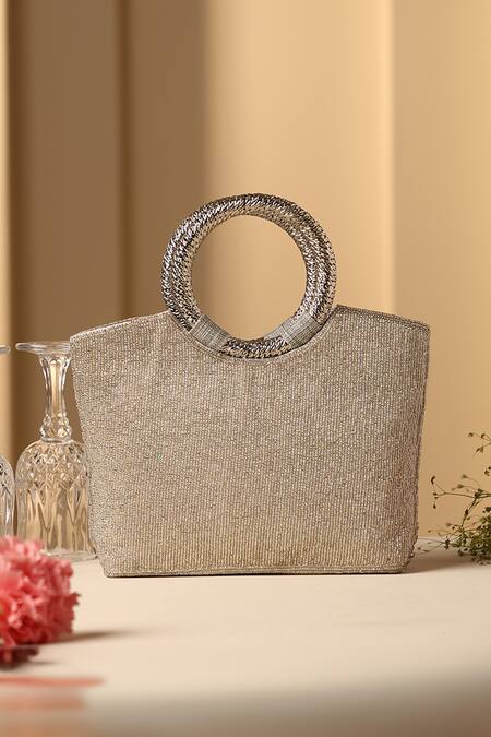 Shop Swabhimann Silver Crystals, Beads Swerve Embellished Handbag at Aza Fashions Shop_Swabhimann_Silver Crystals, Beads Swerve Embellished Handbag_at_Aza_Fashions