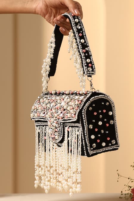 Shop Swabhimann Black Crystals, Pearls Floret And Embellished Handbag at Aza Fashions Shop_Swabhimann_Black Crystals, Pearls Floret And Embellished Handbag _at_Aza_Fashions
