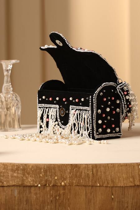 Swabhimann Black Crystals, Pearls Floret And Embellished Handbag Online at Aza Fashions Swabhimann_Black Crystals, Pearls Floret And Embellished Handbag _Online_at_Aza_Fashions