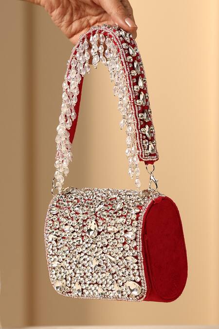 Shop Swabhimann Magenta Crystals Bloom Embellished Nano Bag at Aza Fashions Shop_Swabhimann_Magenta Crystals Bloom Embellished Nano Bag_at_Aza_Fashions