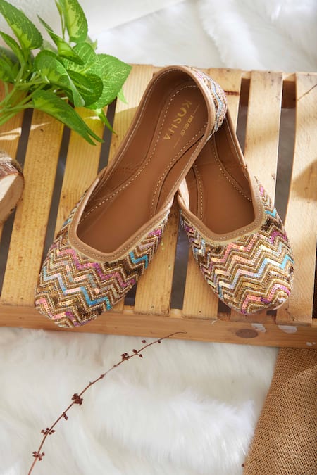 House Of Kosha Multi Color Kelaya Chevron Hand Embroidered Leather Juttis 