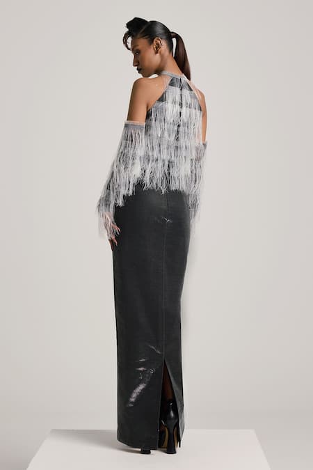 Shop_Akhl_Black Lurex Tulle (57% Metallic Yarn 43% Polyester) Fringed Bodice Maxi Dress _at_Aza_Fashions