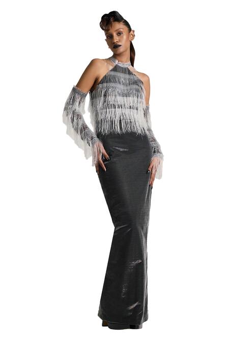 Akhl_Black Lurex Tulle (57% Metallic Yarn 43% Polyester) Fringed Bodice Maxi Dress _Online_at_Aza_Fashions