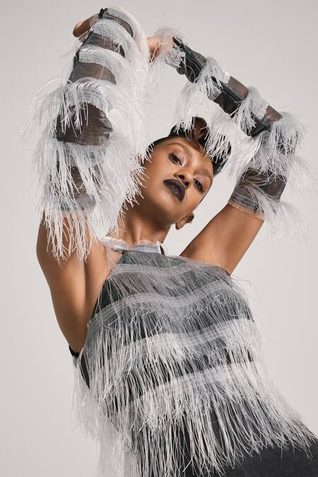 Buy_Akhl_Black Lurex Tulle (57% Metallic Yarn 43% Polyester) Fringed Bodice Maxi Dress _Online_at_Aza_Fashions