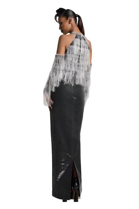 Shop_Akhl_Black Lurex Tulle (57% Metallic Yarn 43% Polyester) Fringed Bodice Maxi Dress _Online_at_Aza_Fashions