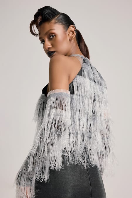 Akhl_Black Lurex Tulle (57% Metallic Yarn 43% Polyester) Fringed Bodice Maxi Dress _at_Aza_Fashions