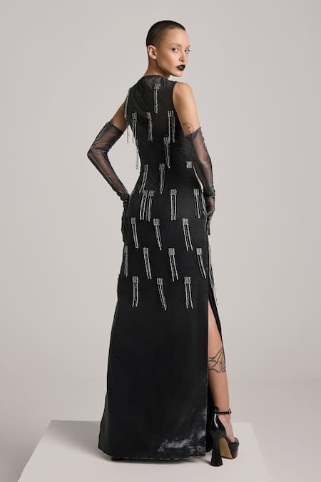 AKHL_Black Lurex Tulle (57% Metallic Yarn 43% Polyester) Hand Embroidered Dress _Online_at_Aza_Fashions