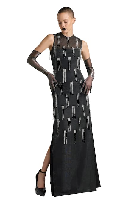 Buy_AKHL_Black Lurex Tulle (57% Metallic Yarn 43% Polyester) Hand Embroidered Dress _Online_at_Aza_Fashions