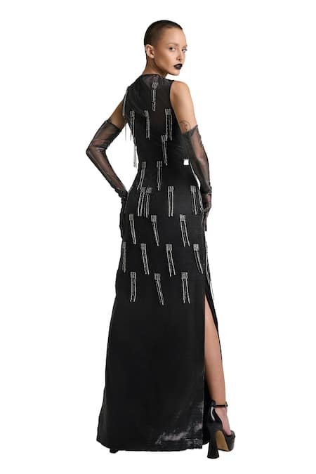 Shop_AKHL_Black Lurex Tulle (57% Metallic Yarn 43% Polyester) Hand Embroidered Dress _Online_at_Aza_Fashions