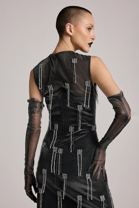 AKHL_Black Lurex Tulle (57% Metallic Yarn 43% Polyester) Hand Embroidered Dress _at_Aza_Fashions