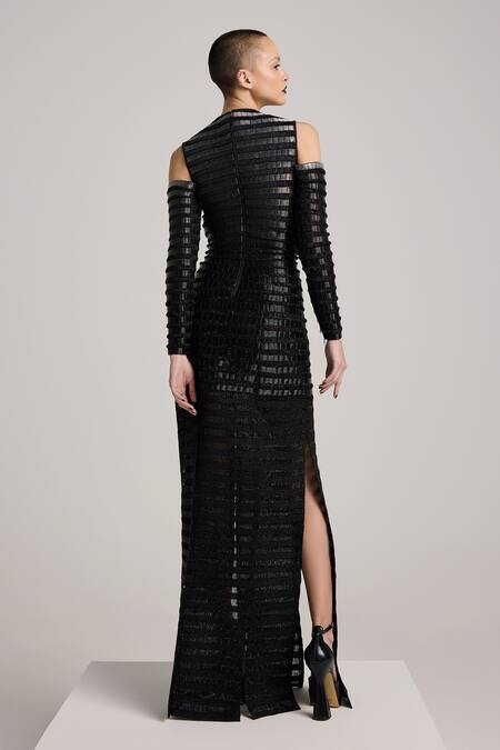 Shop_Akhl_Black Lurex (60% Metallic Fibre 40% Polyester) Hand Embroidered Gradient Dress _at_Aza_Fashions