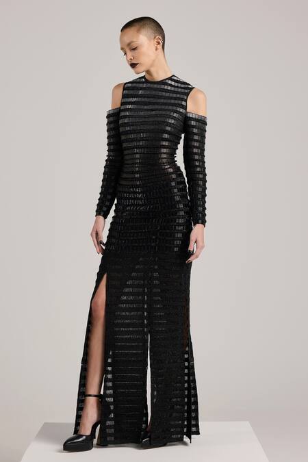 Akhl_Black Lurex (60% Metallic Fibre 40% Polyester) Hand Embroidered Gradient Dress _Online_at_Aza_Fashions