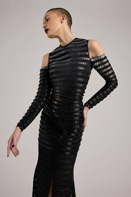 Buy_Akhl_Black Lurex (60% Metallic Fibre 40% Polyester) Hand Embroidered Gradient Dress _Online_at_Aza_Fashions
