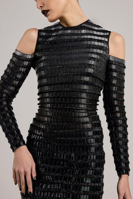 Shop_Akhl_Black Lurex (60% Metallic Fibre 40% Polyester) Hand Embroidered Gradient Dress _Online_at_Aza_Fashions