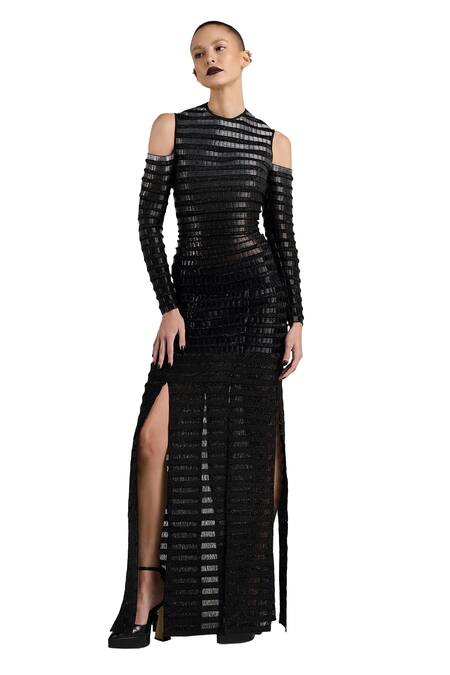 Akhl_Black Lurex (60% Metallic Fibre 40% Polyester) Hand Embroidered Gradient Dress _at_Aza_Fashions