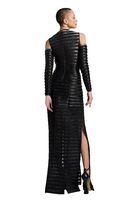 Buy_Akhl_Black Lurex (60% Metallic Fibre 40% Polyester) Hand Embroidered Gradient Dress 