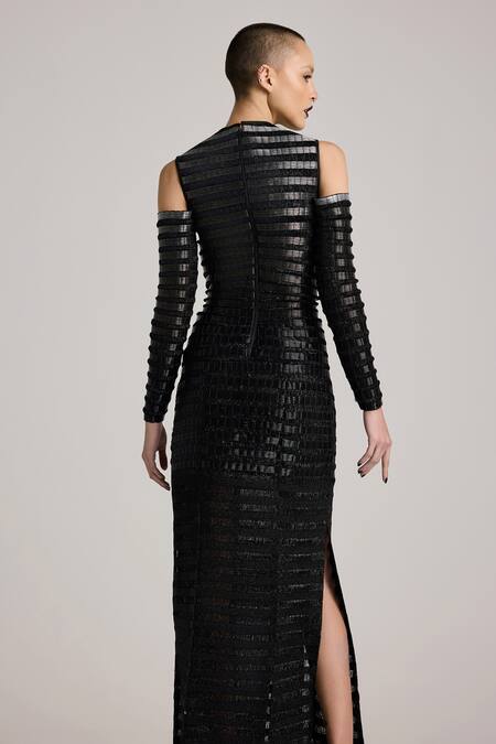 Shop_Akhl_Black Lurex (60% Metallic Fibre 40% Polyester) Hand Embroidered Gradient Dress 