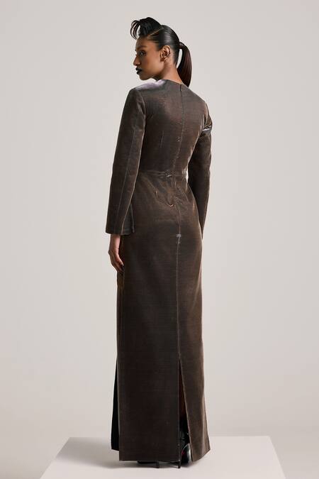 Shop_Akhl_Brown Lurex Tulle (57% Metallic Yarn 43% Polyester) Gathered Slit Maxi Dress _at_Aza_Fashions