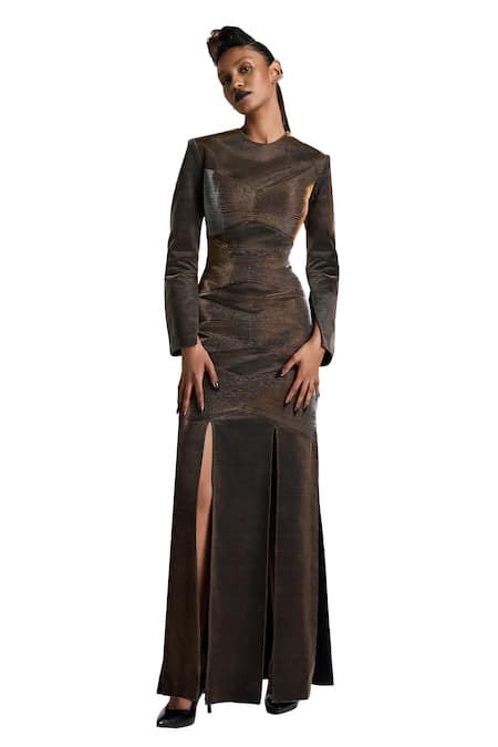 Akhl_Brown Lurex Tulle (57% Metallic Yarn 43% Polyester) Gathered Slit Maxi Dress _Online_at_Aza_Fashions