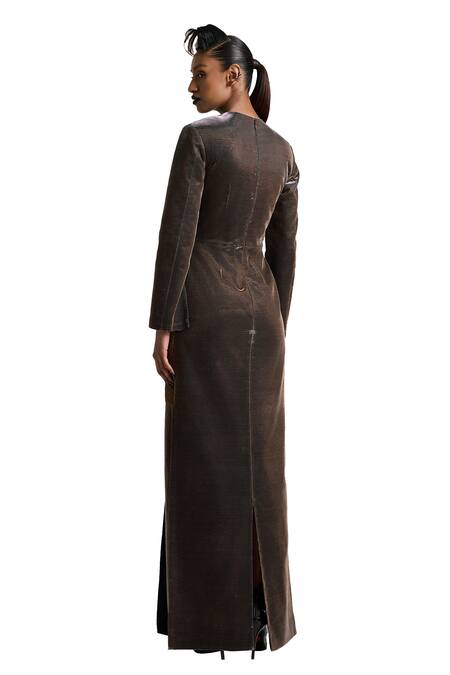 Akhl_Brown Lurex Tulle (57% Metallic Yarn 43% Polyester) Gathered Slit Maxi Dress _at_Aza_Fashions