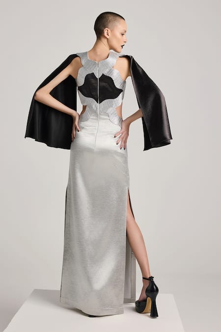 Shop Akhl Silver Satin, Polyester Embroidery Halter Neck Metallic Yarn Hand Dress at Aza Fashions Shop_Akhl_Silver Satin, Polyester Embroidery Halter Neck Metallic Yarn Hand Dress _at_Aza_Fashions