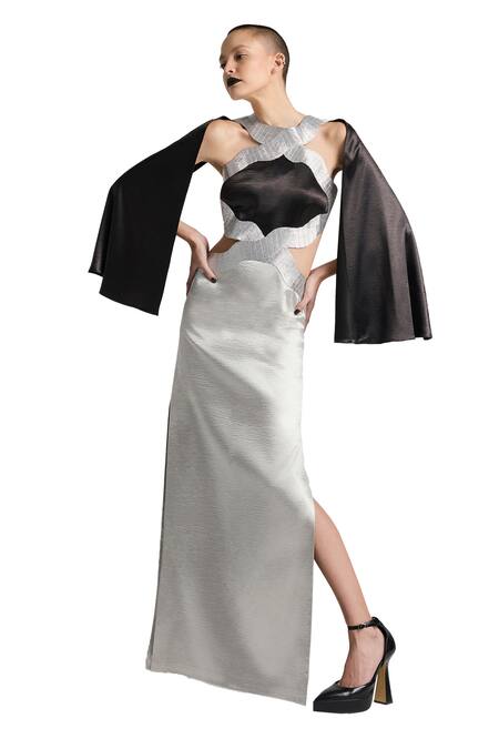 Akhl Silver Satin, Polyester Embroidery Halter Neck Metallic Yarn Hand Dress Online at Aza Fashions Akhl_Silver Satin, Polyester Embroidery Halter Neck Metallic Yarn Hand Dress _Online_at_Aza_Fashions