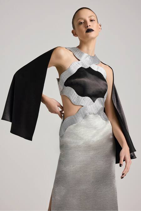 Buy Akhl Silver Satin, Polyester Embroidery Halter Neck Metallic Yarn Hand Dress Online at Aza Fashions Buy_Akhl_Silver Satin, Polyester Embroidery Halter Neck Metallic Yarn Hand Dress _Online_at_Aza_Fashions