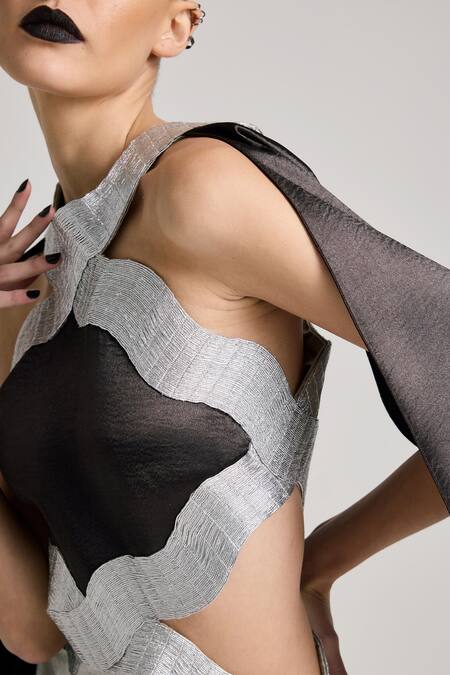 Shop Akhl Silver Satin, Polyester Embroidery Halter Neck Metallic Yarn Hand Dress Online at Aza Fashions Shop_Akhl_Silver Satin, Polyester Embroidery Halter Neck Metallic Yarn Hand Dress _Online_at_Aza_Fashions