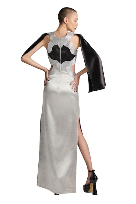 Akhl Silver Satin, Polyester Embroidery Halter Neck Metallic Yarn Hand Dress at Aza Fashions Akhl_Silver Satin, Polyester Embroidery Halter Neck Metallic Yarn Hand Dress _at_Aza_Fashions