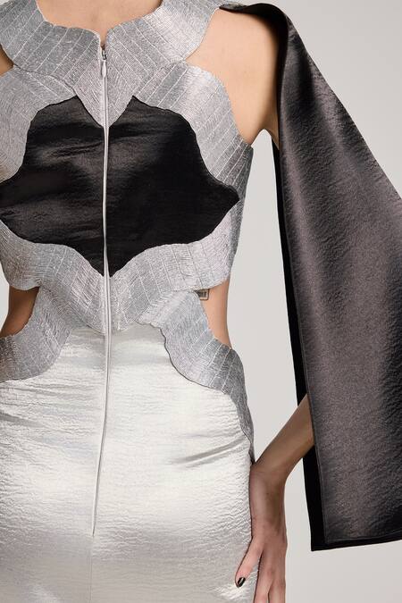 Buy Akhl Silver Satin, Polyester Embroidery Halter Neck Metallic Yarn Hand Dress Buy_Akhl_Silver Satin, Polyester Embroidery Halter Neck Metallic Yarn Hand Dress