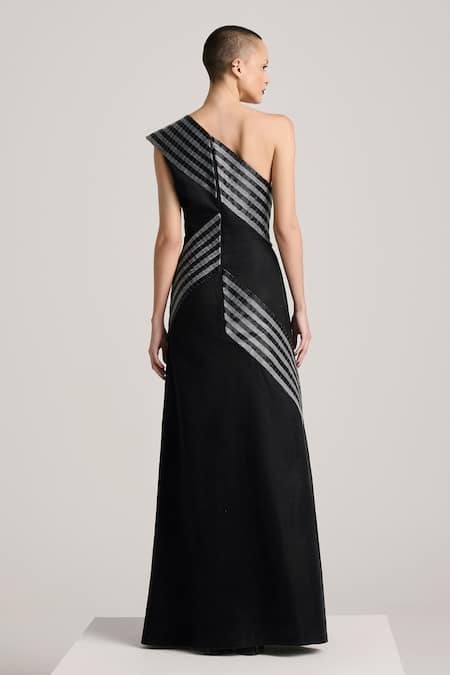 Akhl Black Lurex Tulle (57% Metallic Yarn 43% Polyester) Hand Asymmetric Dress Online at Aza Fashions Akhl_Black Lurex Tulle (57% Metallic Yarn 43% Polyester) Hand Asymmetric Dress _Online_at_Aza_Fashions