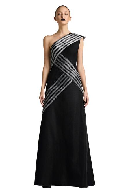 Buy Akhl Black Lurex Tulle (57% Metallic Yarn 43% Polyester) Hand Asymmetric Dress Online at Aza Fashions Buy_Akhl_Black Lurex Tulle (57% Metallic Yarn 43% Polyester) Hand Asymmetric Dress _Online_at_Aza_Fashions