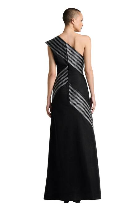 Shop Akhl Black Lurex Tulle (57% Metallic Yarn 43% Polyester) Hand Asymmetric Dress Online at Aza Fashions Shop_Akhl_Black Lurex Tulle (57% Metallic Yarn 43% Polyester) Hand Asymmetric Dress _Online_at_Aza_Fashions