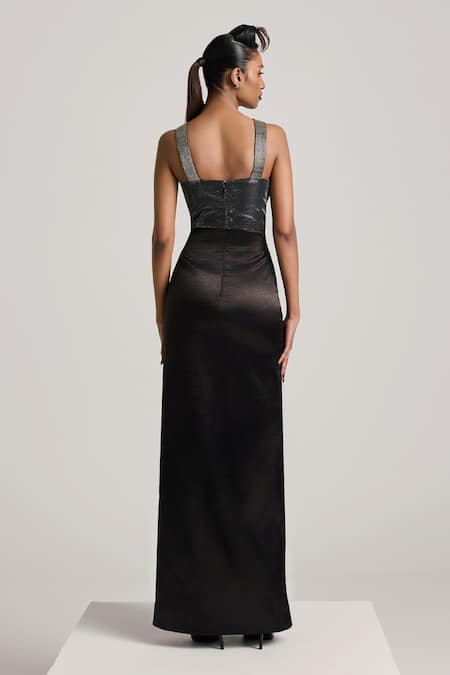 Shop_Akhl_Black Textured Satin (90% Polyester 10% Elastane) Hand Front-slit Dress _at_Aza_Fashions