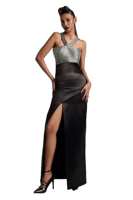 Akhl_Black Textured Satin (90% Polyester 10% Elastane) Hand Front-slit Dress _Online_at_Aza_Fashions