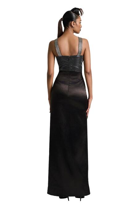 Shop_Akhl_Black Textured Satin (90% Polyester 10% Elastane) Hand Front-slit Dress _Online_at_Aza_Fashions
