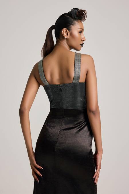 Akhl_Black Textured Satin (90% Polyester 10% Elastane) Hand Front-slit Dress _at_Aza_Fashions