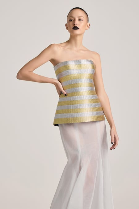 Shop Akhl Gold Yarn (30% Fibre 70% Polyester) Hand Corset And Skirt Set Online at Aza Fashions Shop_Akhl_Gold Yarn (30% Fibre 70% Polyester) Hand Corset And Skirt Set _Online_at_Aza_Fashions