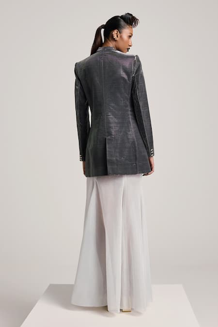 Shop Akhl Black Lurex Tulle (57% Metallic Yarn 43% Double-breasted Blazer And Skirt Set at Aza Fashions Shop_Akhl_Black Lurex Tulle (57% Metallic Yarn 43% Double-breasted Blazer And Skirt Set _at_Aza_Fashions
