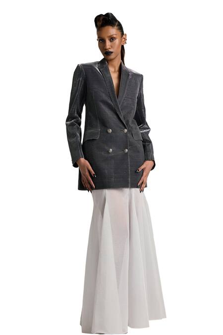 Akhl Black Lurex Tulle (57% Metallic Yarn 43% Double-breasted Blazer And Skirt Set Online at Aza Fashions Akhl_Black Lurex Tulle (57% Metallic Yarn 43% Double-breasted Blazer And Skirt Set _Online_at_Aza_Fashions