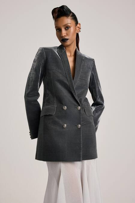 Buy Akhl Black Lurex Tulle (57% Metallic Yarn 43% Double-breasted Blazer And Skirt Set Online at Aza Fashions Buy_Akhl_Black Lurex Tulle (57% Metallic Yarn 43% Double-breasted Blazer And Skirt Set _Online_at_Aza_Fashions