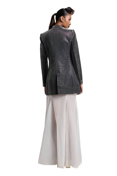 Shop Akhl Black Lurex Tulle (57% Metallic Yarn 43% Double-breasted Blazer And Skirt Set Online at Aza Fashions Shop_Akhl_Black Lurex Tulle (57% Metallic Yarn 43% Double-breasted Blazer And Skirt Set _Online_at_Aza_Fashions
