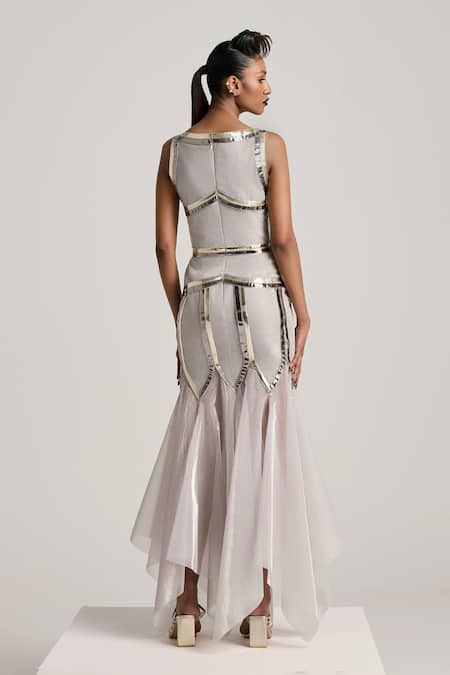 Shop Akhl Silver Lurex Tulle (57% Metallic Yarn 43% Polyester) Godet Fishtail Dress at Aza Fashions Shop_Akhl_Silver Lurex Tulle (57% Metallic Yarn 43% Polyester) Godet Fishtail Dress _at_Aza_Fashions
