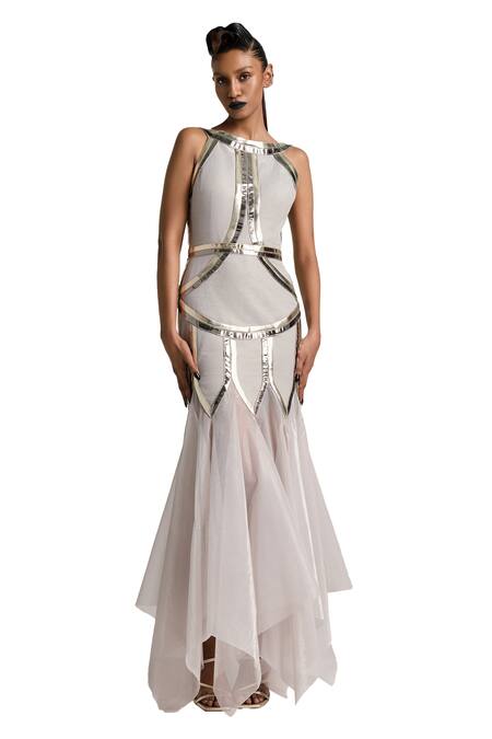 Akhl Silver Lurex Tulle (57% Metallic Yarn 43% Polyester) Godet Fishtail Dress Online at Aza Fashions Akhl_Silver Lurex Tulle (57% Metallic Yarn 43% Polyester) Godet Fishtail Dress _Online_at_Aza_Fashions